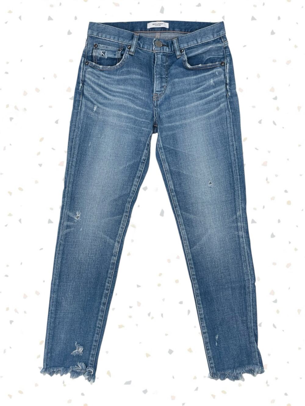 Moussy Vintage Diana Skinny Blue Jeans Raw Hem Japanese Denim Distressed Size 27